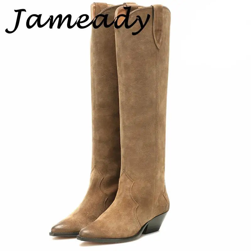 Suede Embroidered Knee High Boots, Pointed Toe Genuine Leather Cowboy Boots