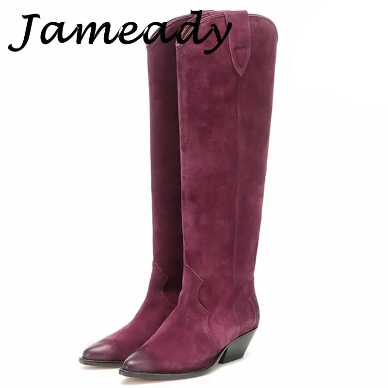 Suede Embroidered Knee High Boots, Pointed Toe Genuine Leather Cowboy Boots