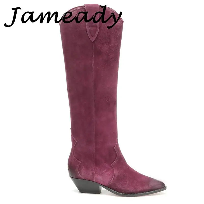 Suede Embroidered Knee High Boots, Pointed Toe Genuine Leather Cowboy Boots
