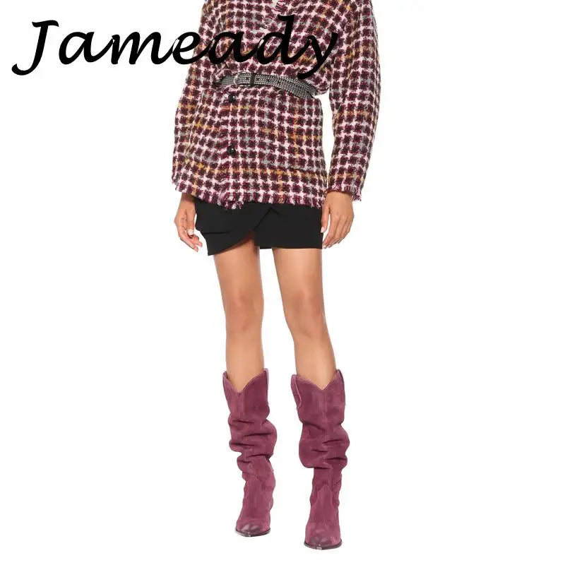 Suede Embroidered Knee High Boots, Pointed Toe Genuine Leather Cowboy Boots