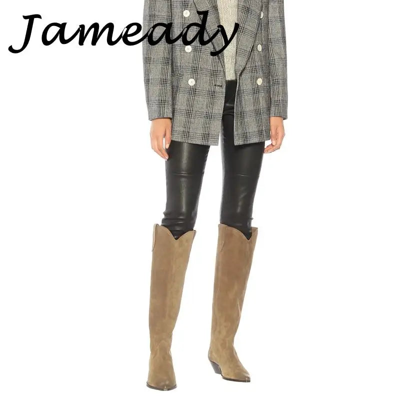 Suede Embroidered Knee High Boots, Pointed Toe Genuine Leather Cowboy Boots