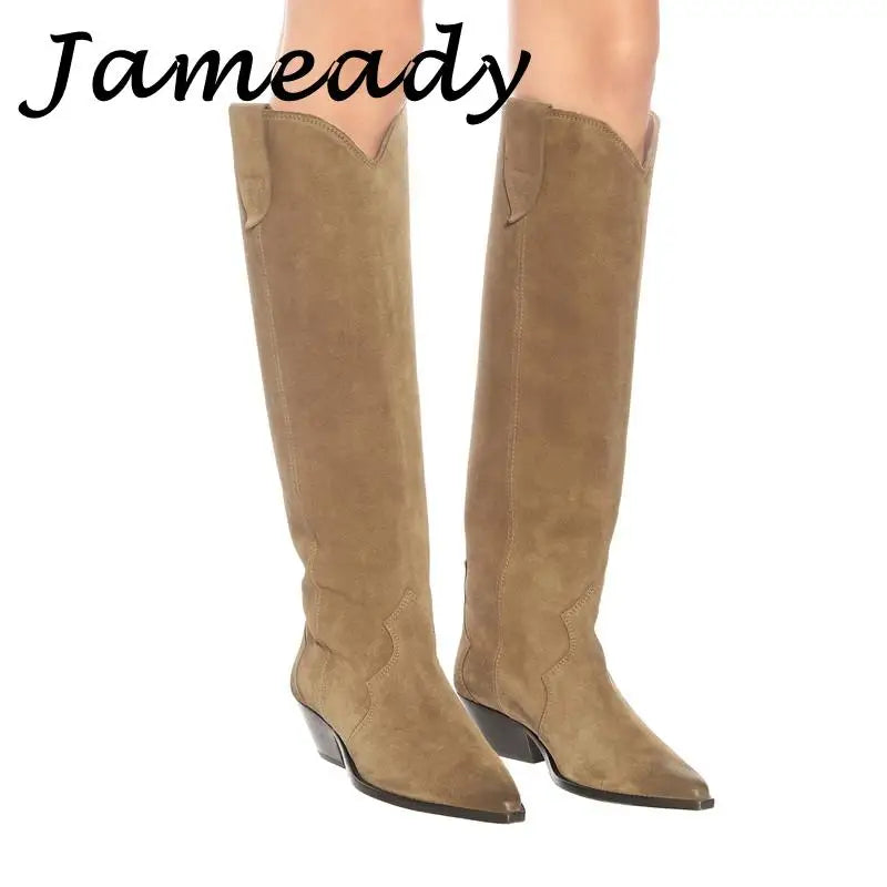 Suede Embroidered Knee High Boots, Pointed Toe Genuine Leather Cowboy Boots