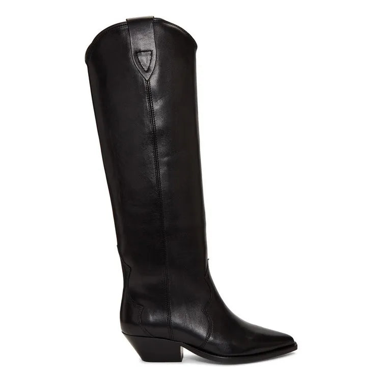 Suede Embroidered Knee High Boots, Pointed Toe Genuine Leather Cowboy Boots