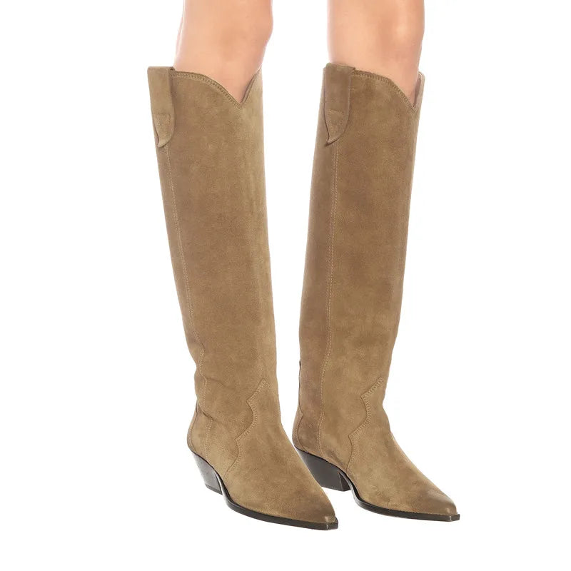 Suede Embroidered Knee High Boots, Pointed Toe Genuine Leather Cowboy Boots