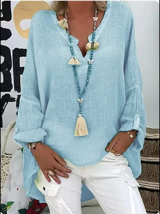 Summer Loose Linen Blouse, Long Sleeve Vintage Boho Shirt