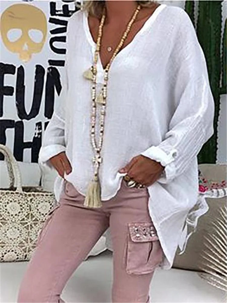 Summer Loose Linen Blouse, Long Sleeve Vintage Boho Shirt