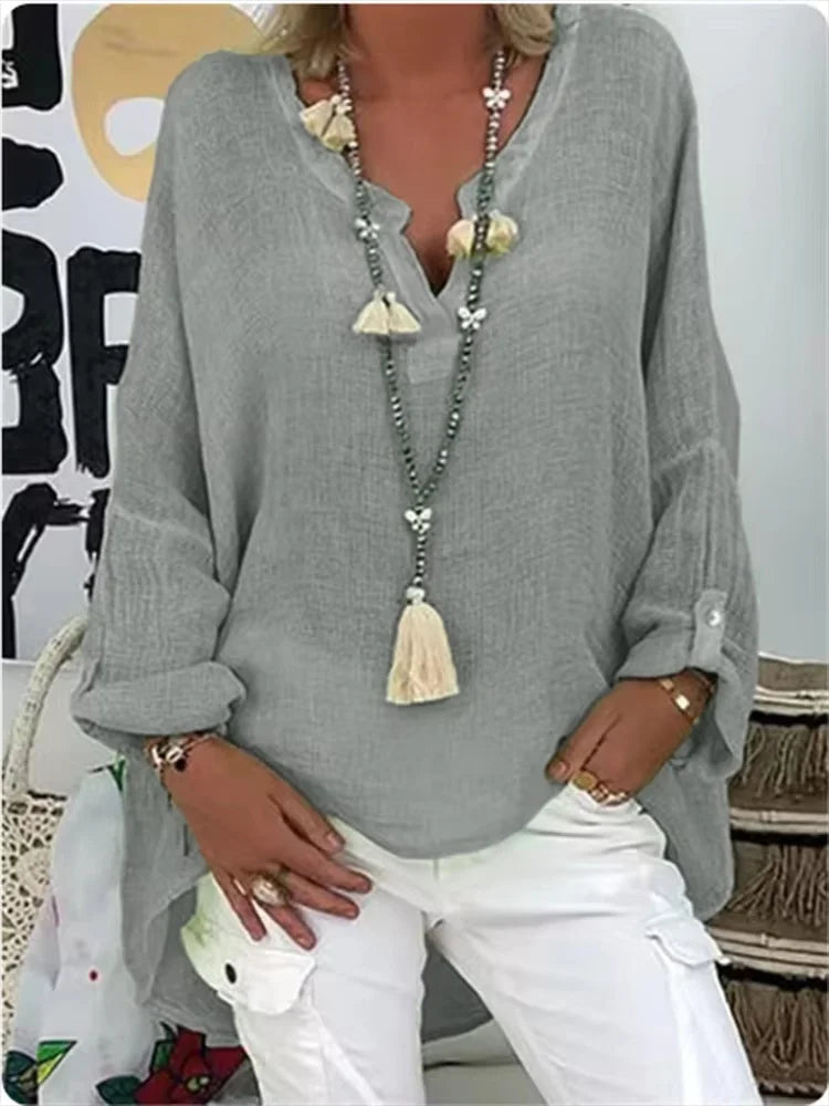 Summer Loose Linen Blouse, Long Sleeve Vintage Boho Shirt