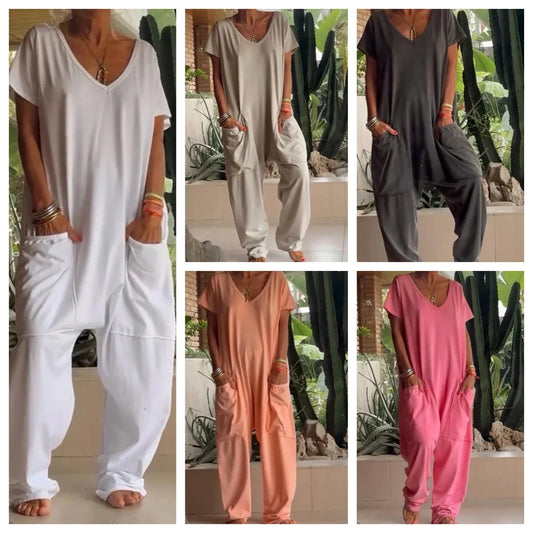 Collage of a person wearing a loose-fitting jumpsuit in various colors.