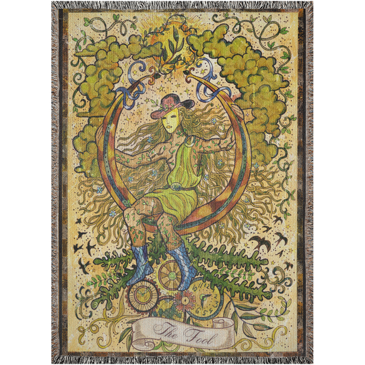 The Fool Tarot Woven Blankets, Vintage Tarot Home Decor Throw