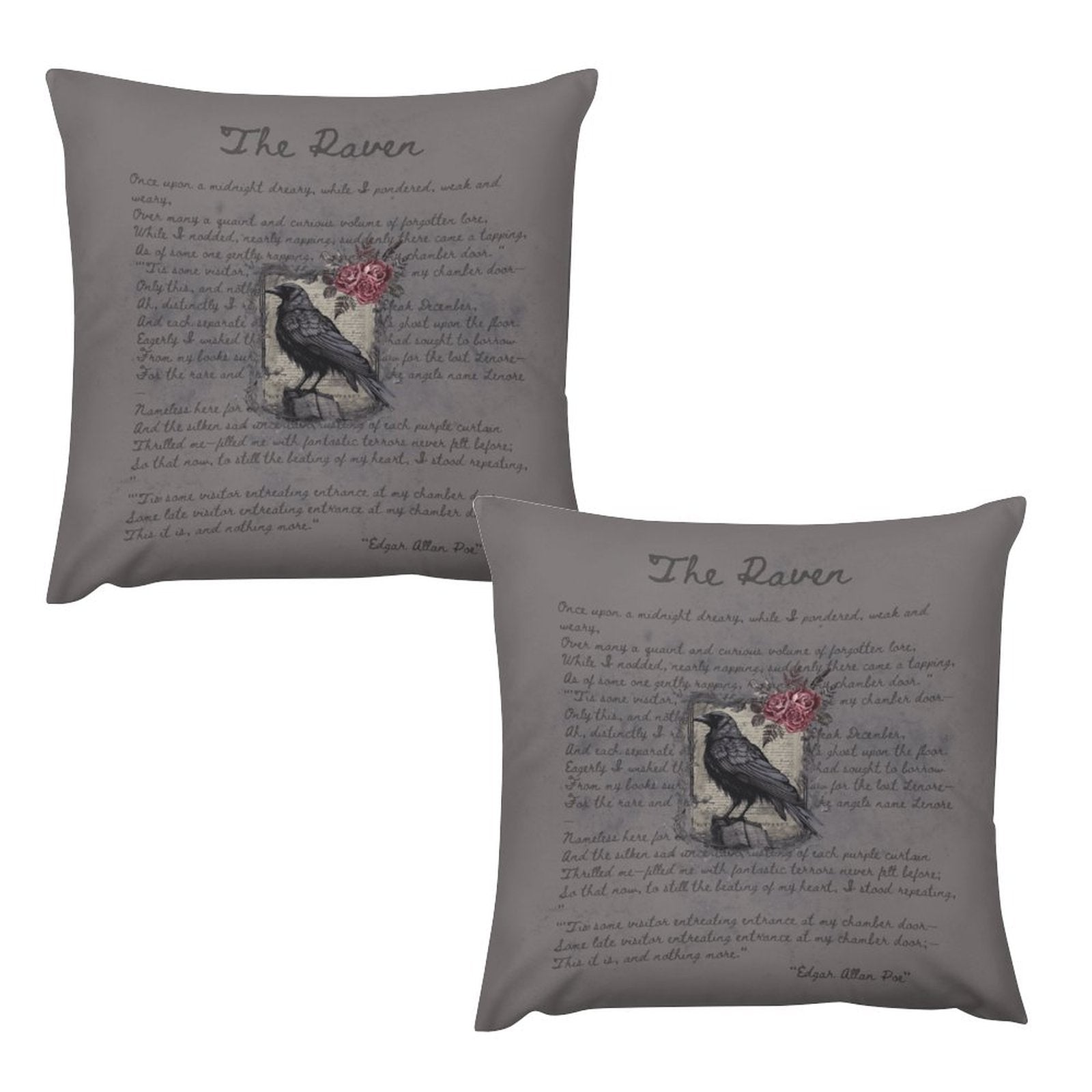 Two gray pillows with a crow design and text on a white background