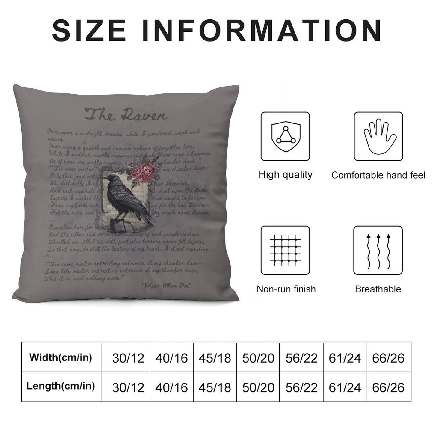 The Raven Plush Pillowcase- Dark Academia, Edgar Allan Poe Inspired Poem
