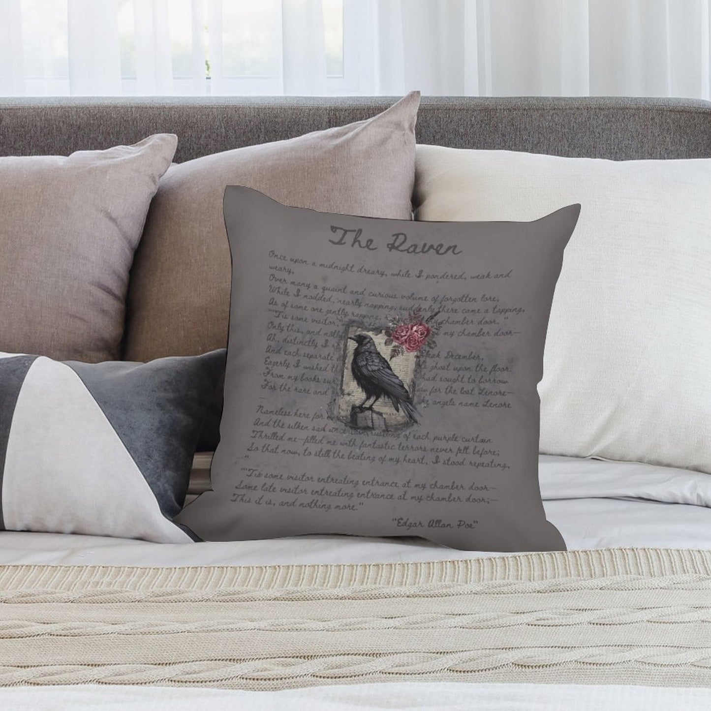 Decorative pillow with text and a bird illustration on a couch