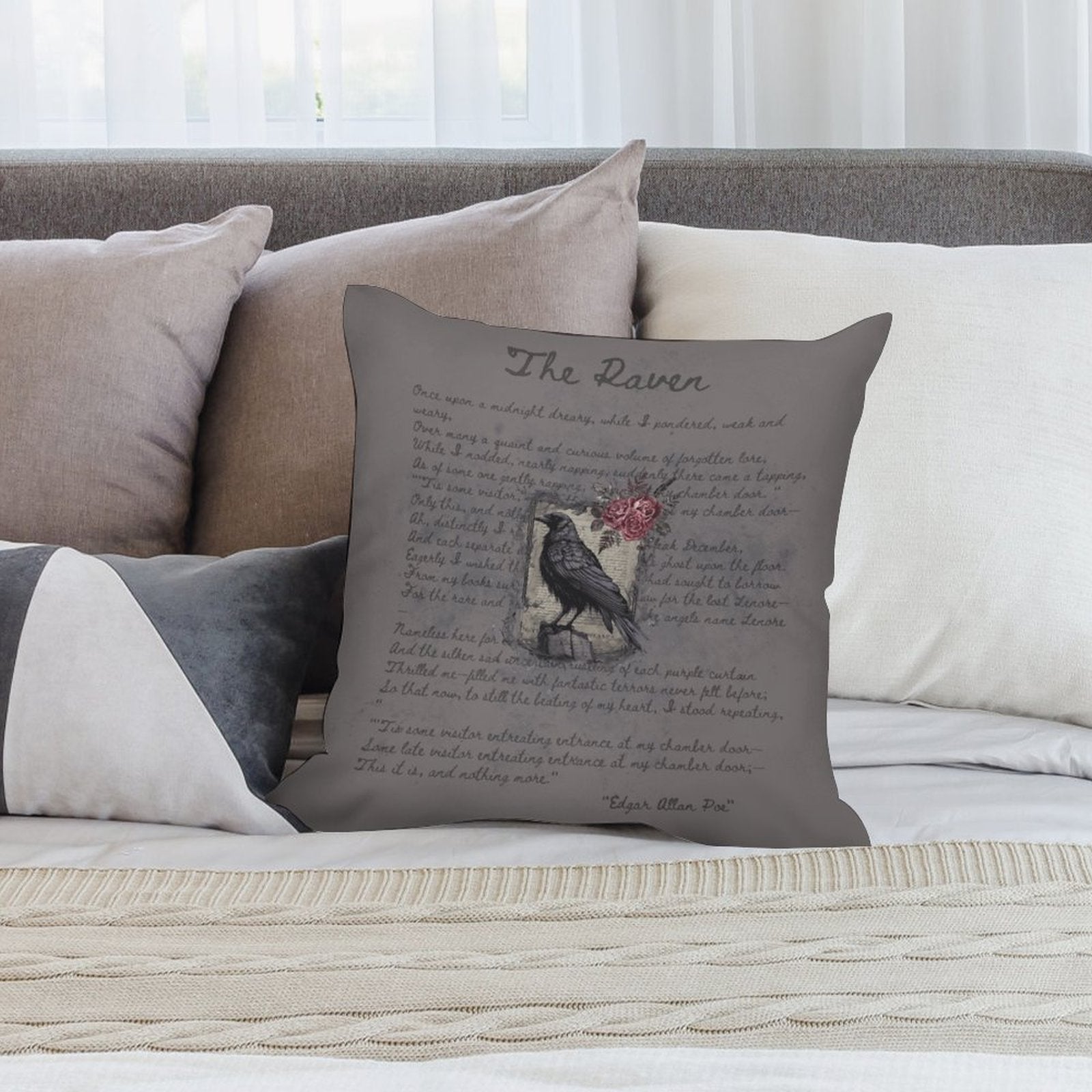 Decorative pillow with text and a bird illustration on a couch
