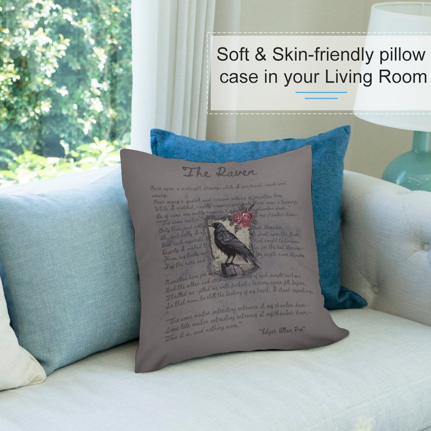 Decorative pillow with text and a bird illustration on a couch in a living room setting.
