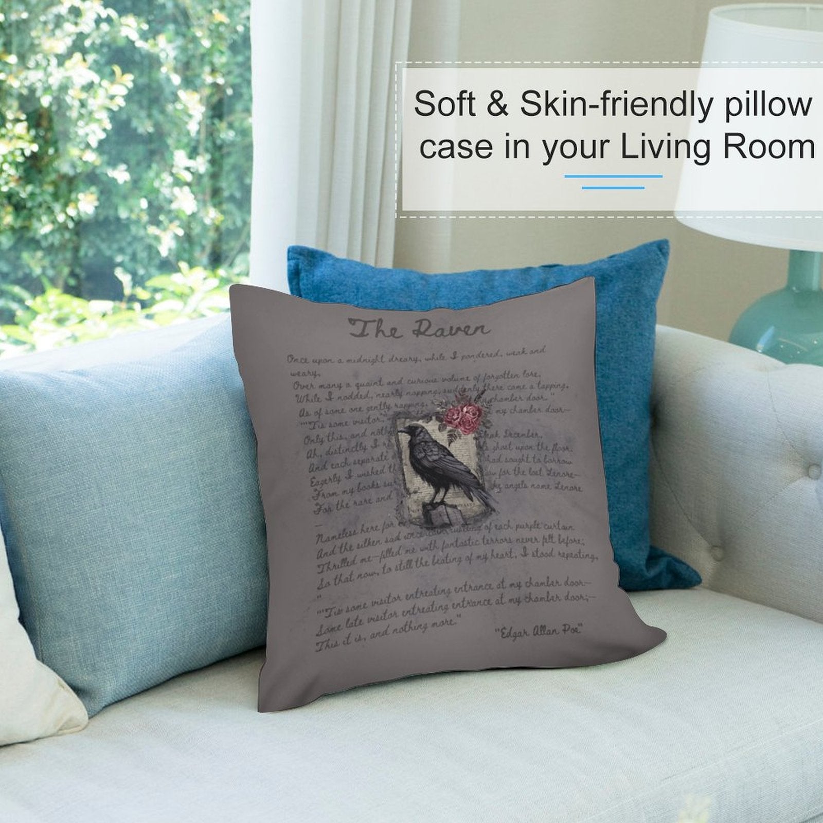 Decorative pillow with text and a bird illustration on a couch in a living room setting.