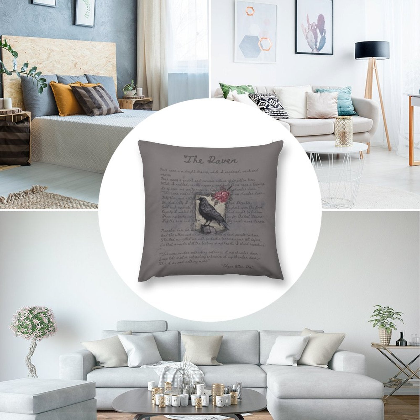 Decorative pillow with text and a bird illustration in a living room setting