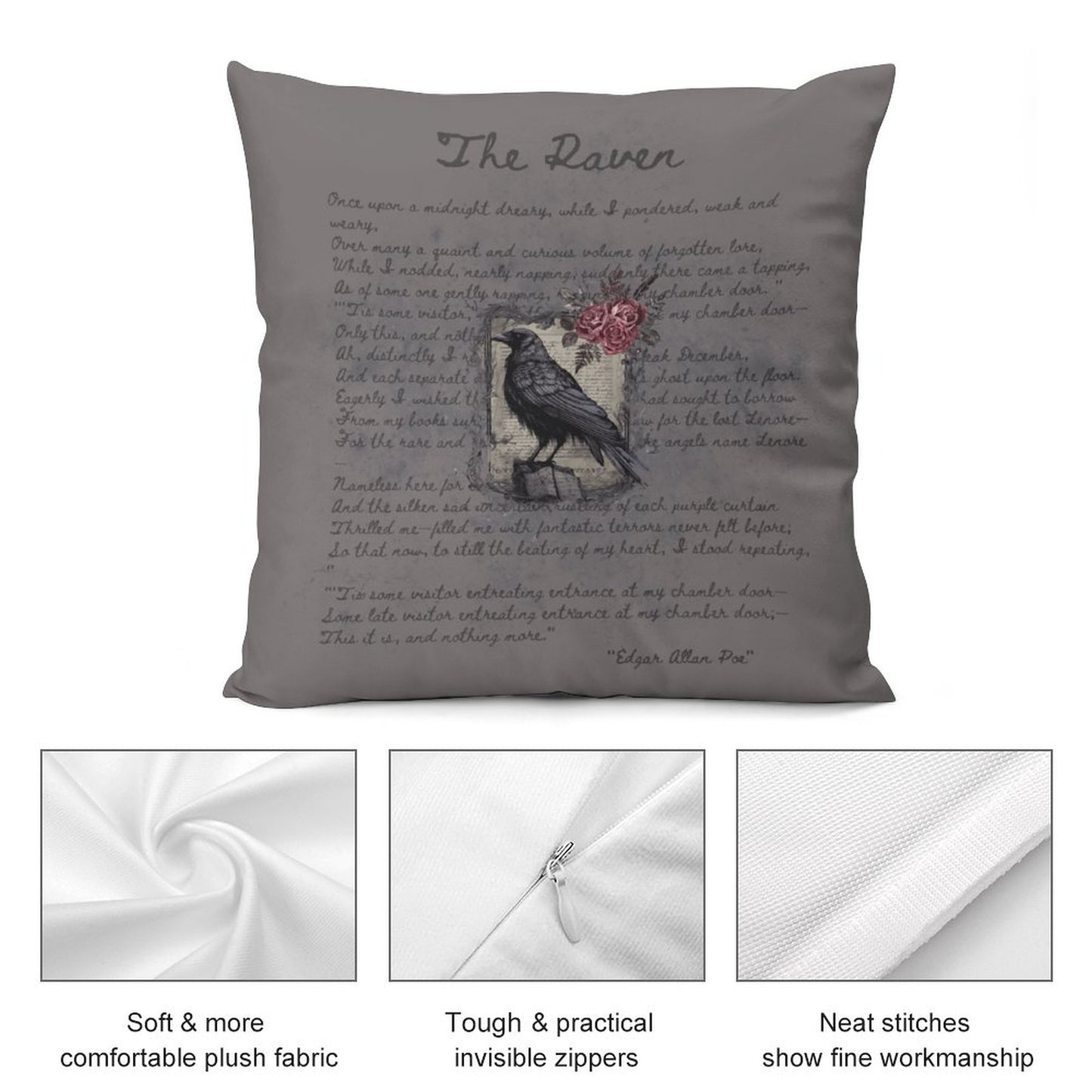Decorative pillow with text and a bird design on a gray background