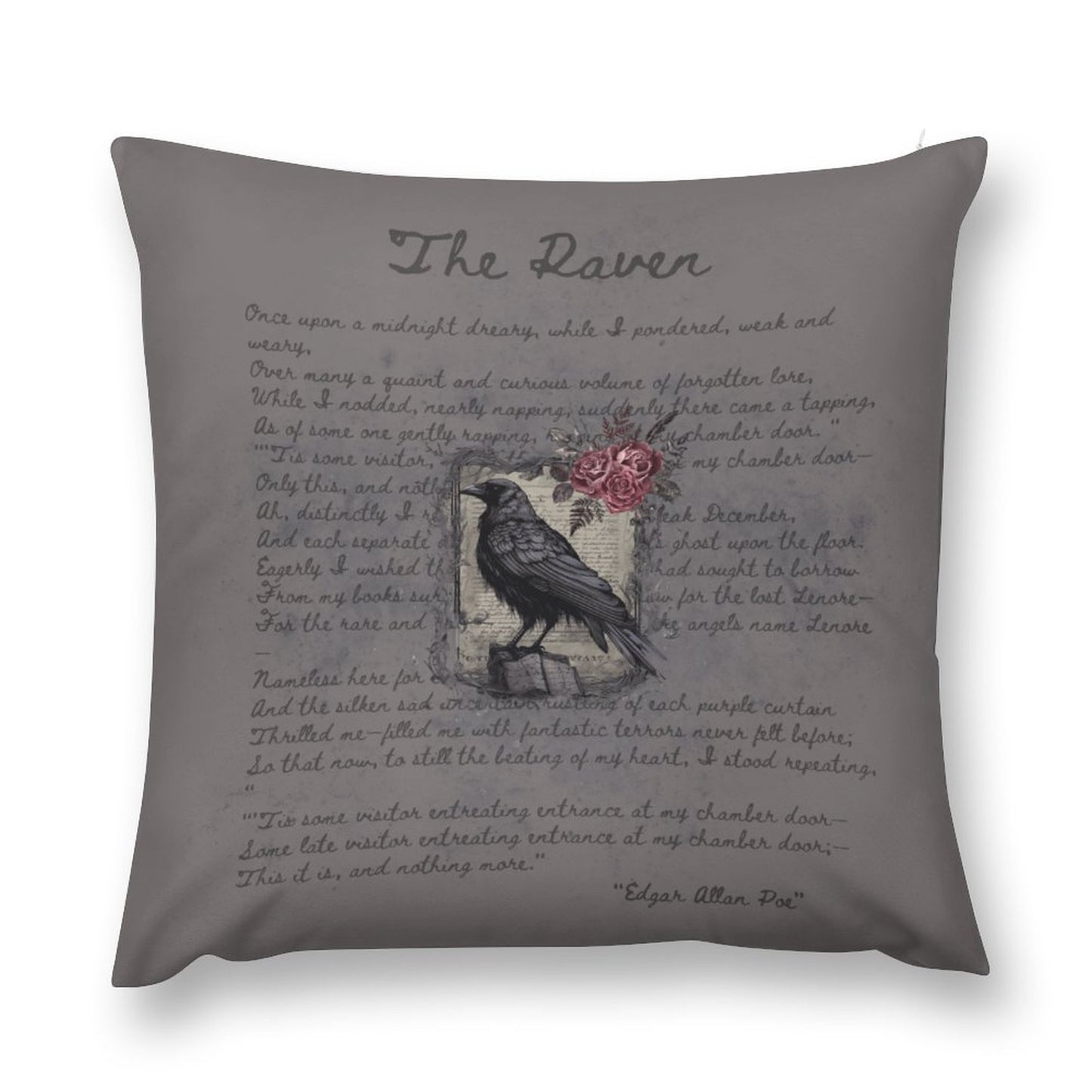 Decorative pillow with a crow and floral design and text on a gray background