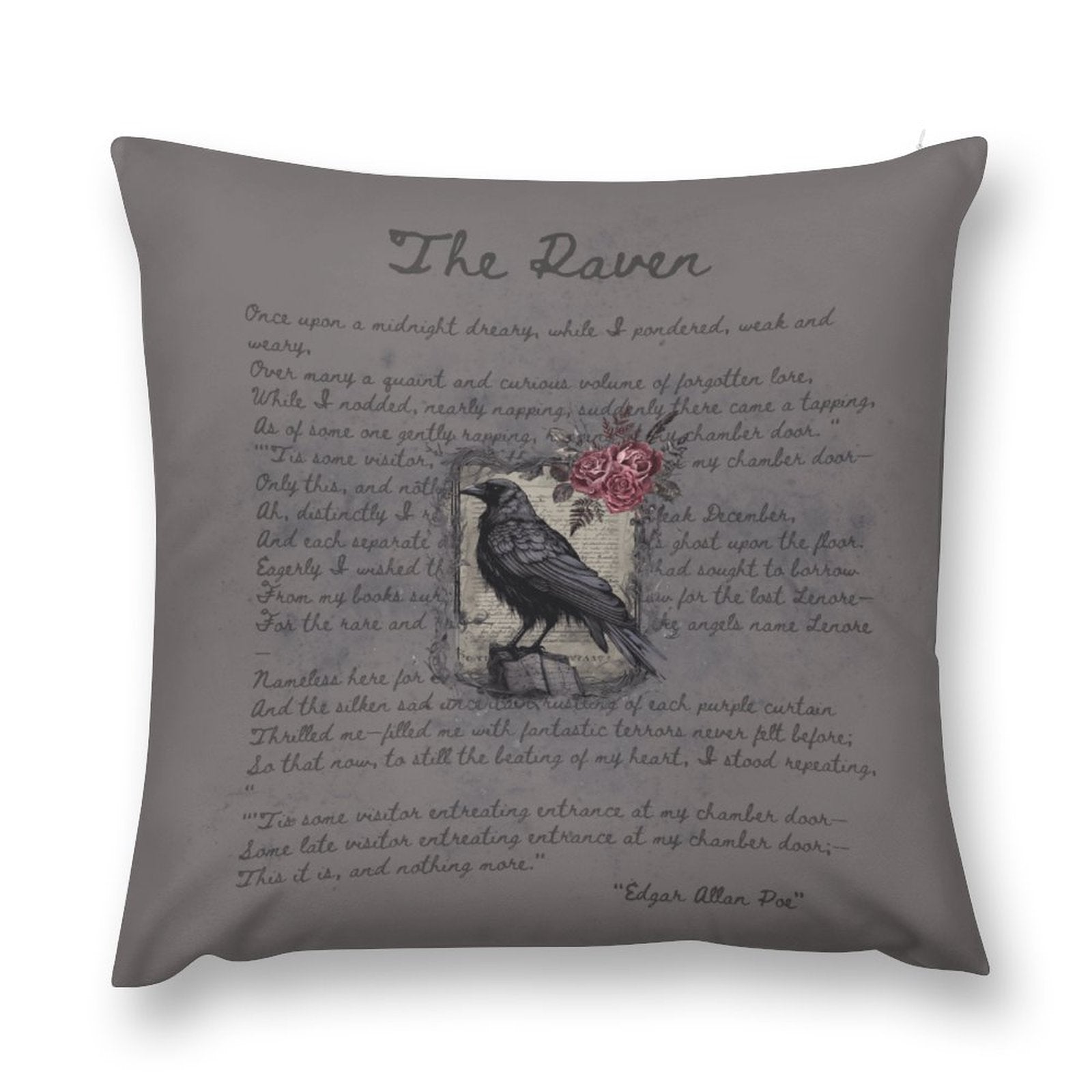Decorative pillow with a crow and floral design and text on a gray background