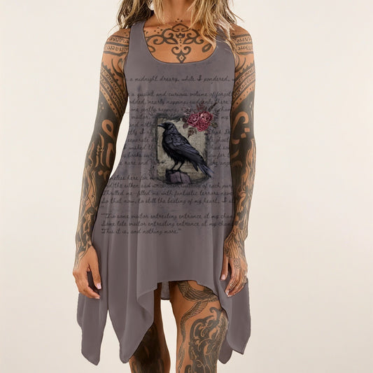 Person wearing a gray sleeveless dress with a graphic design on a plain background