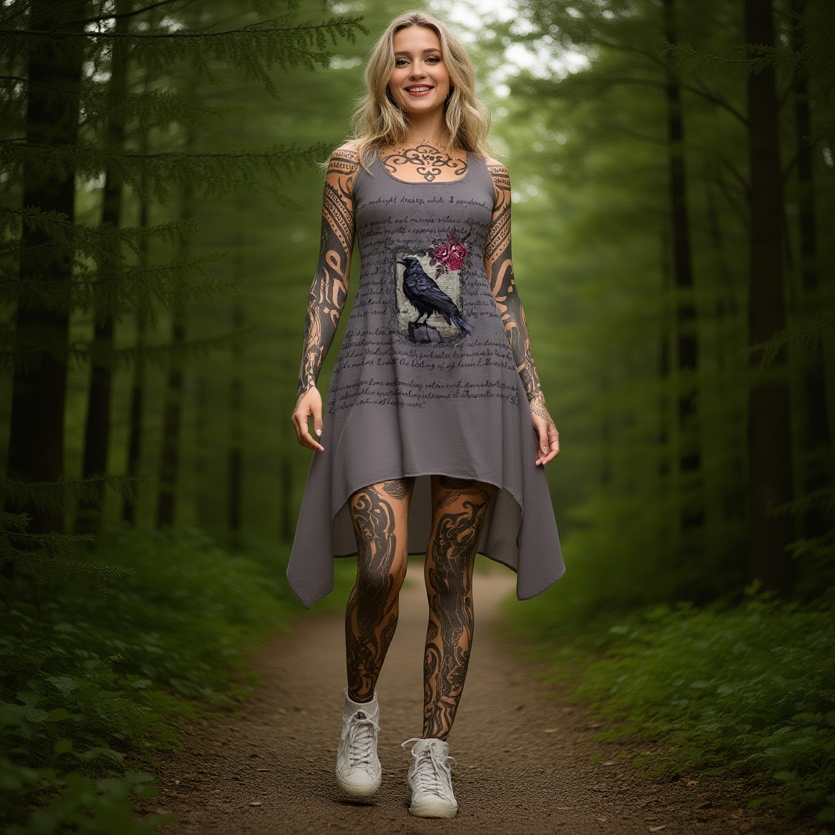 Woman in a gray dress with a tattoo design standing in a forest