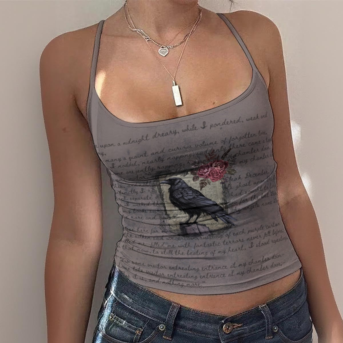 Gray tank top with a bird and rose design worn by a person against a neutral background