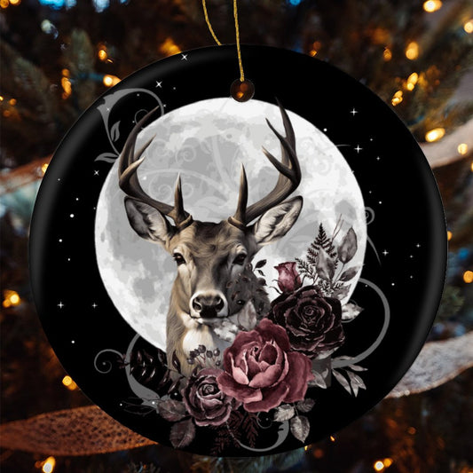 The Stag Tarot Christmas Ceramic Ornament for Pagan holidays, featuring witch and Yule décor themes, enhance the dark cottagecore aesthetic
