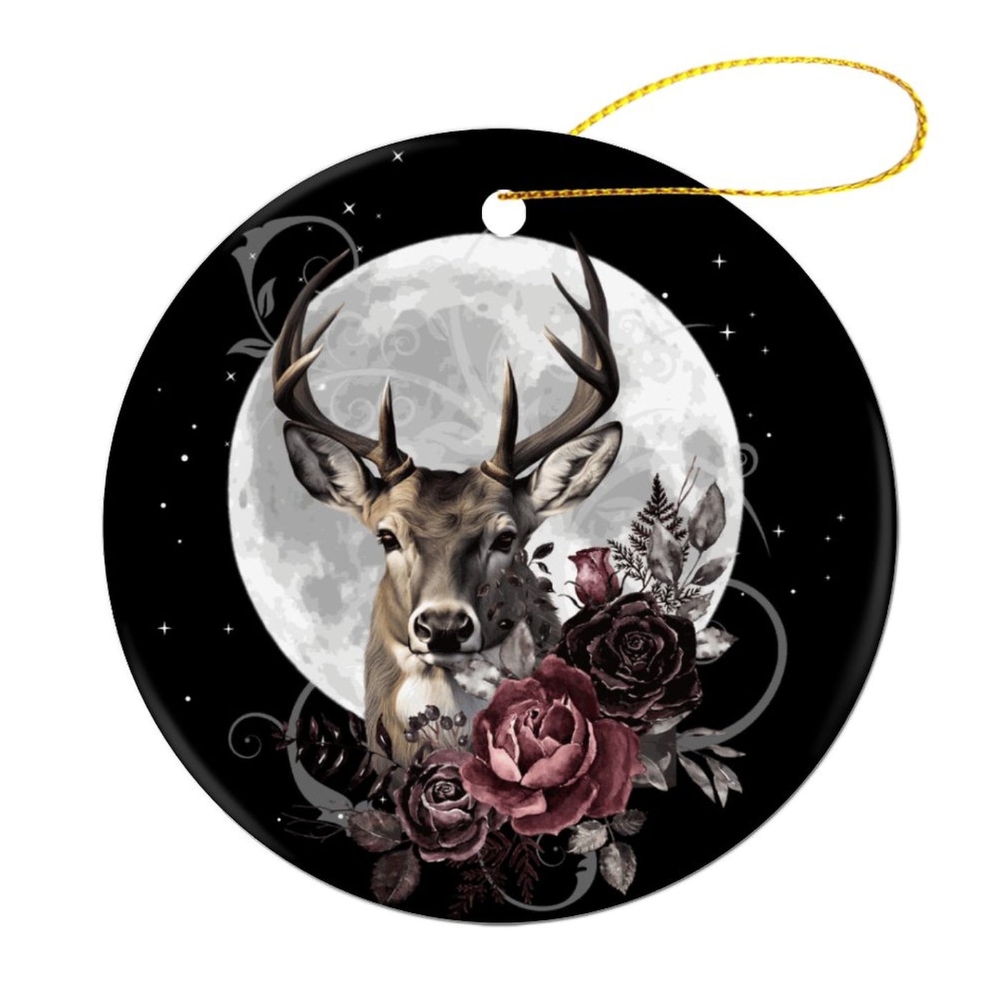 The Stag Tarot Christmas Ceramic Ornament for Pagan holidays, featuring witch and Yule décor themes, enhance the dark cottagecore aesthetic