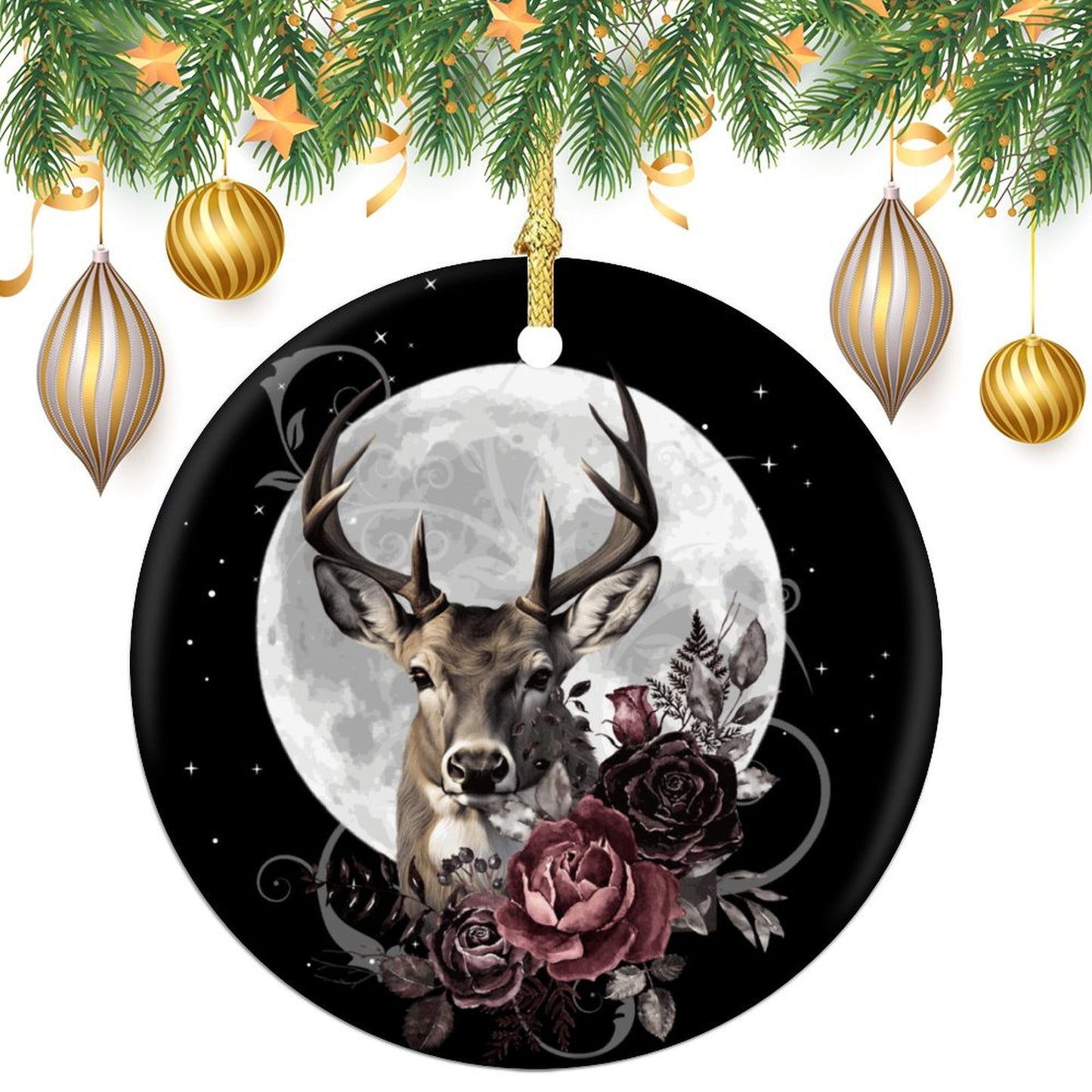 The Stag Tarot Christmas Ceramic Ornament for Pagan holidays, featuring witch and Yule décor themes, enhance the dark cottagecore aesthetic