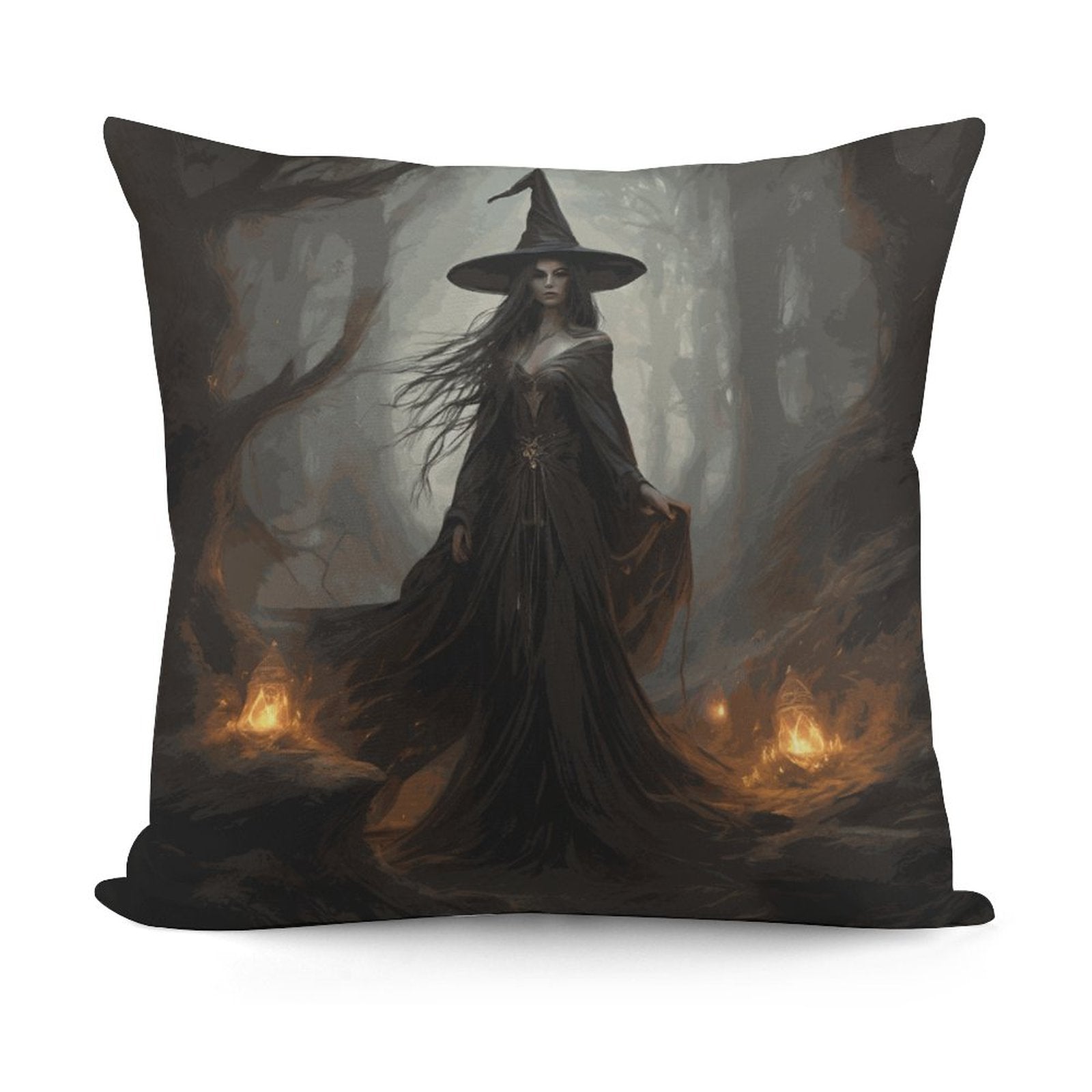 Pillow with a witch design in a forest setting