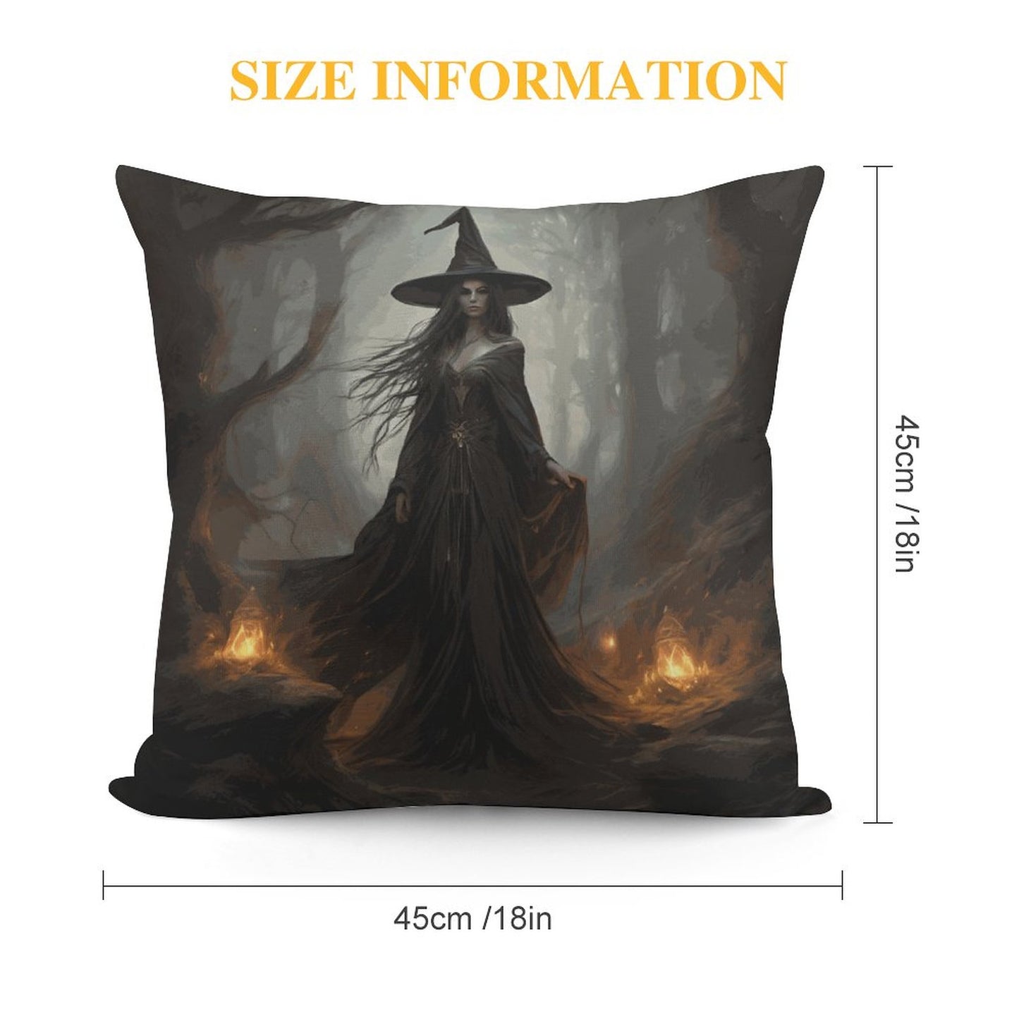 Pillow with a witch design in a forest, showing size information.