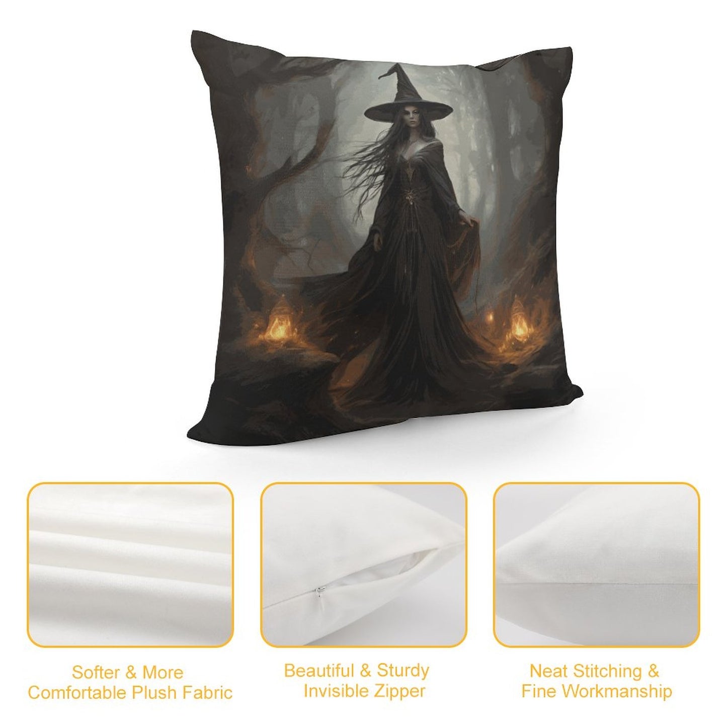 Pillow with witch design on a white background