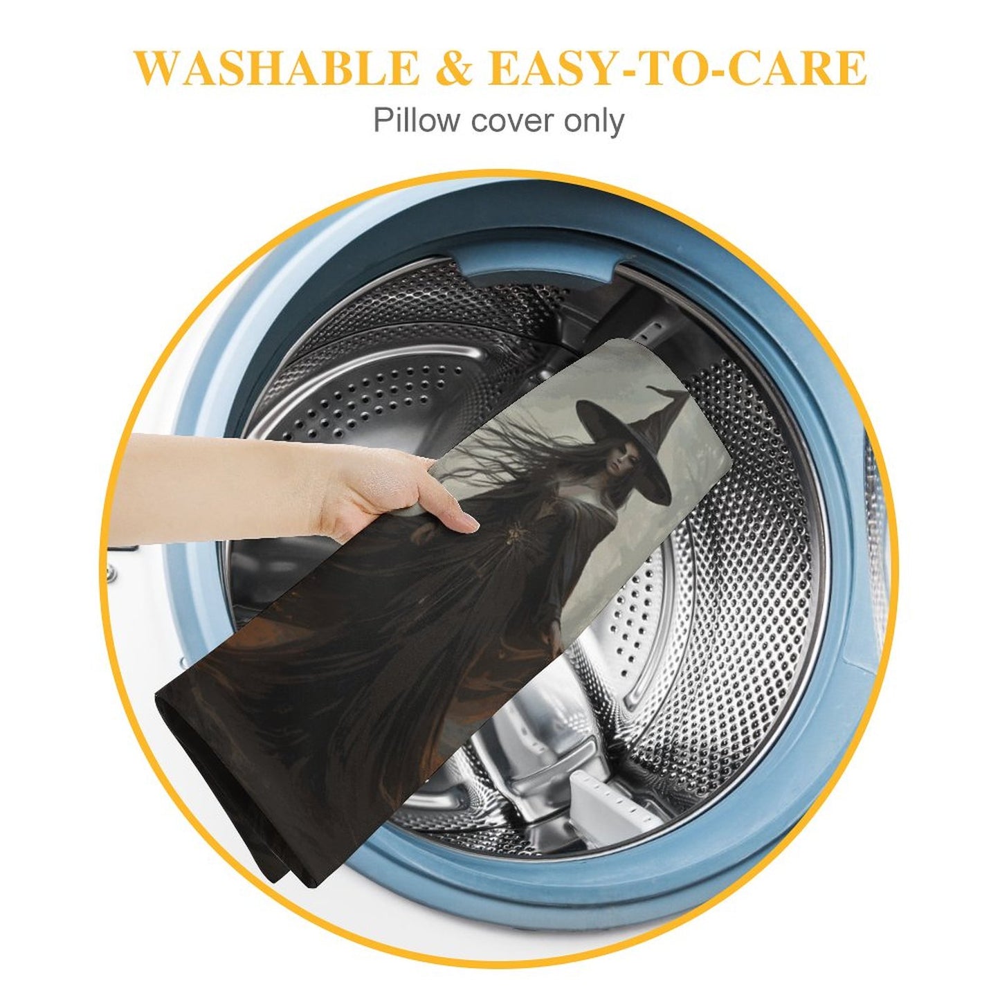 Hand placing a pillow cover into a washing machine with text 'Washable & Easy-to-Care' and 'Pillow cover only'.
