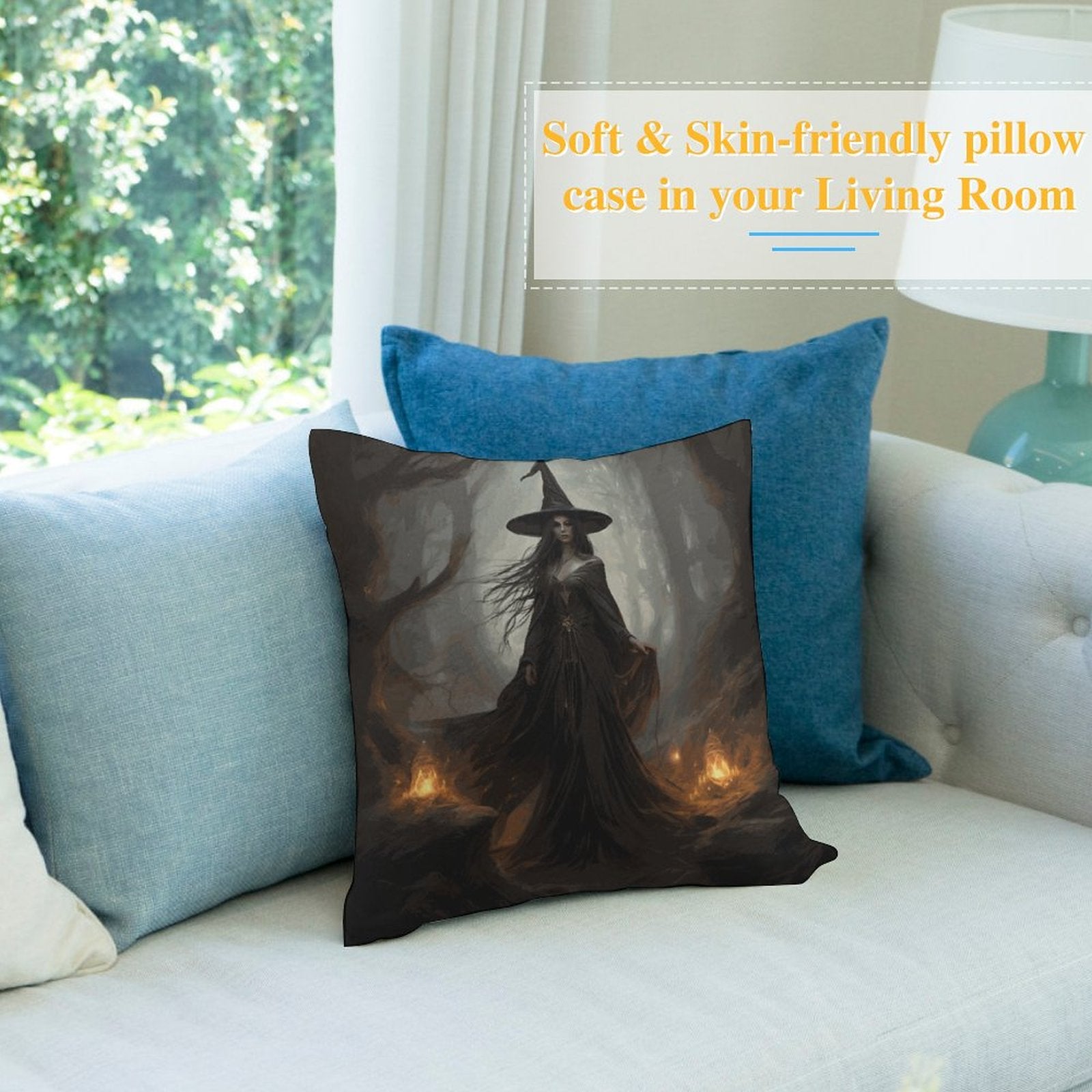 Decorative pillow with witch design on a couch in a living room setting