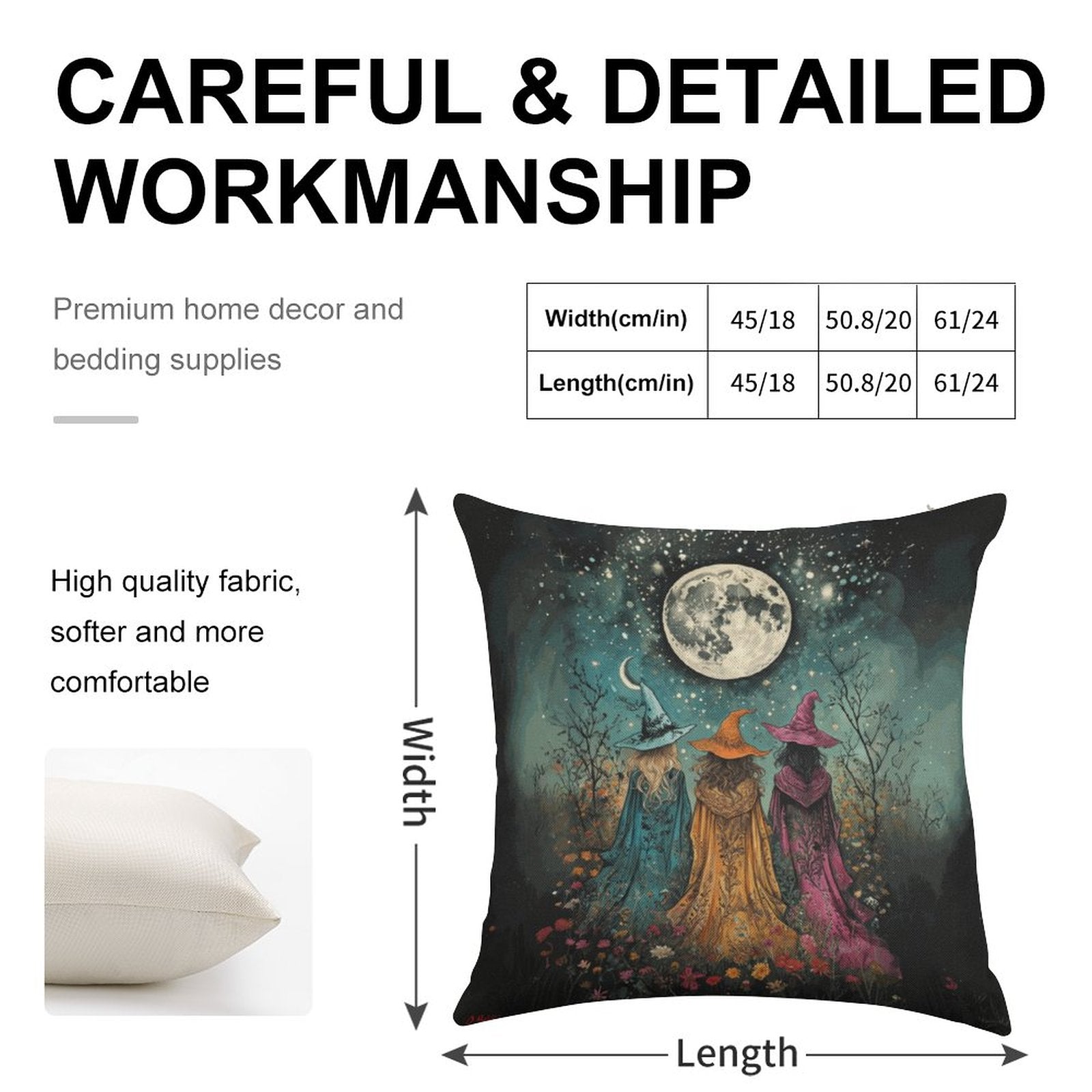 Decorative pillow with witch design and measurements on a white background