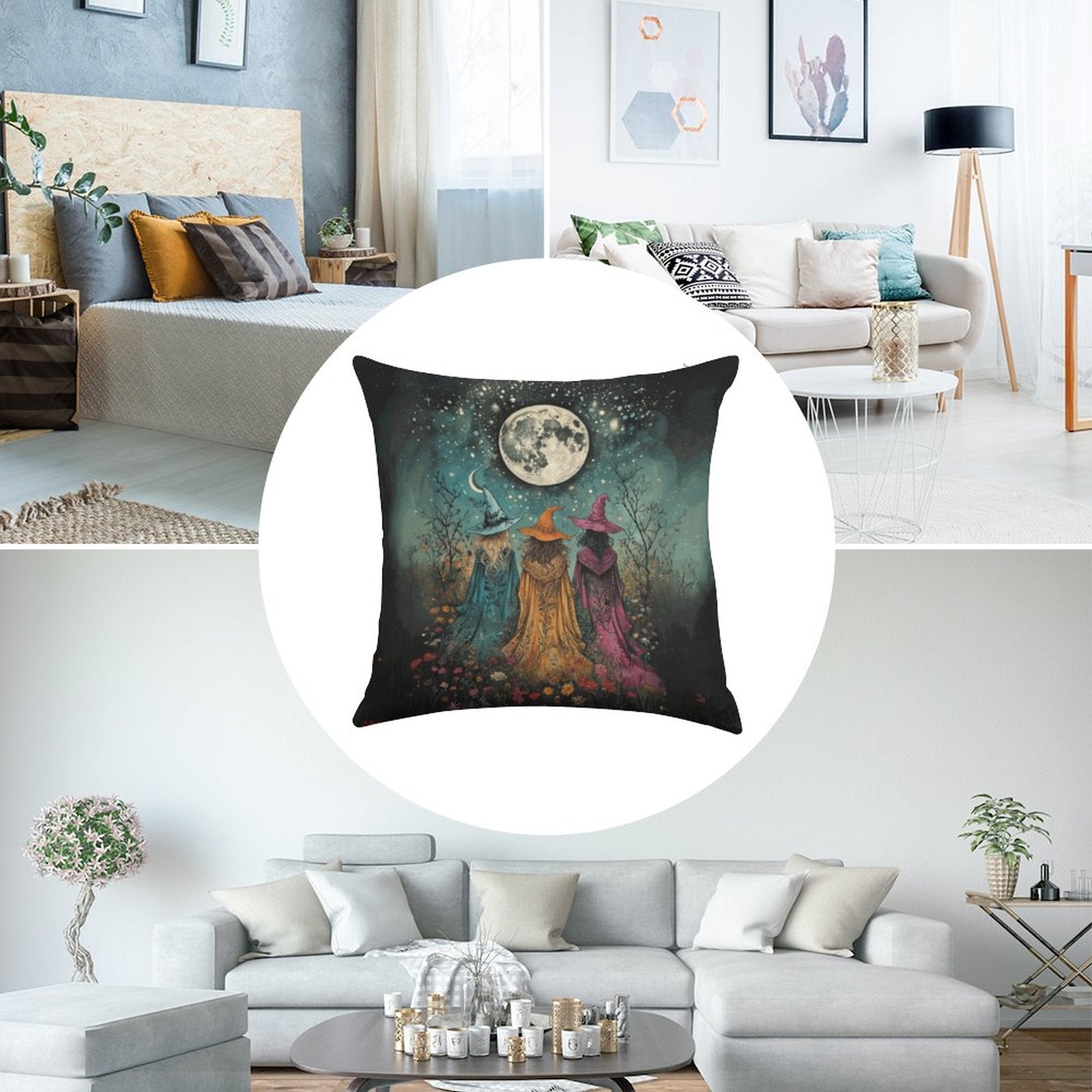 Decorative pillow with witch design in a living room setting