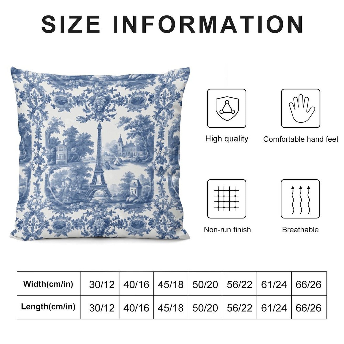Decorative pillow with Eiffel Tower design and size information chart on a white background