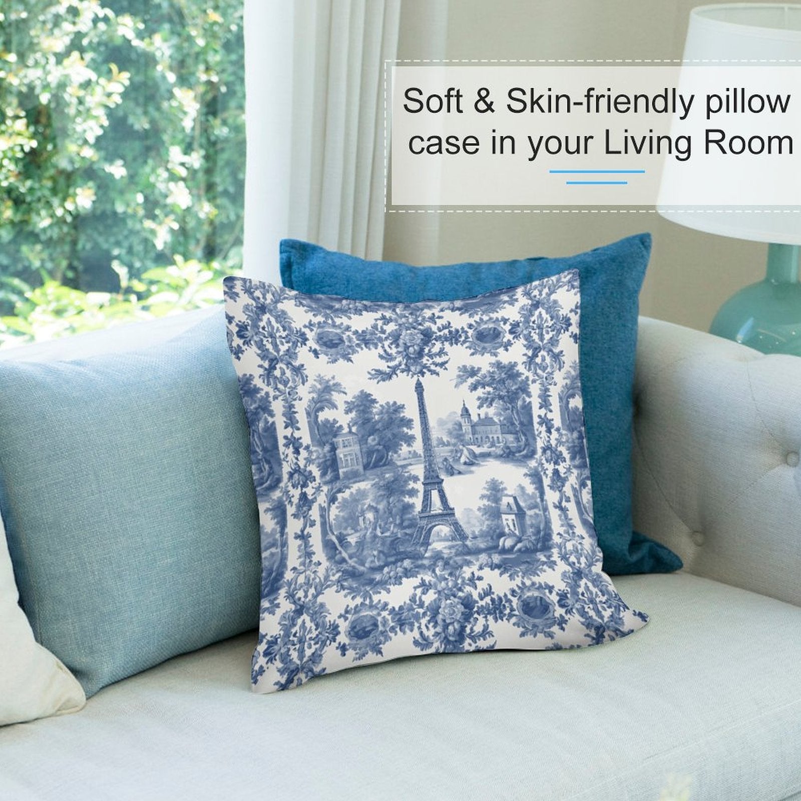 Decorative pillows on a sofa with a scenic design, placed in a living room setting.