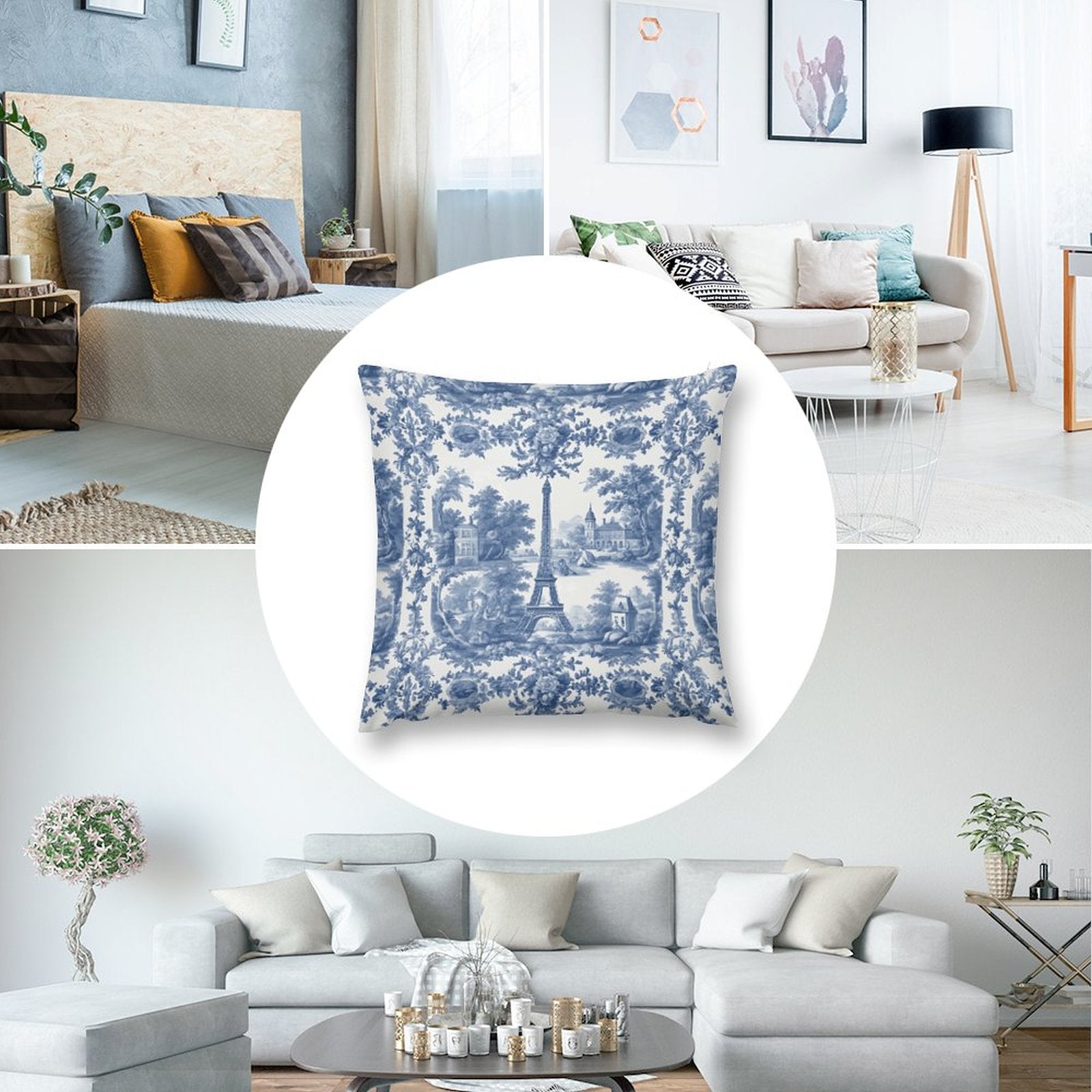 Decorative blue and white pillow with a scenic design on a gray sofa in a living room.
