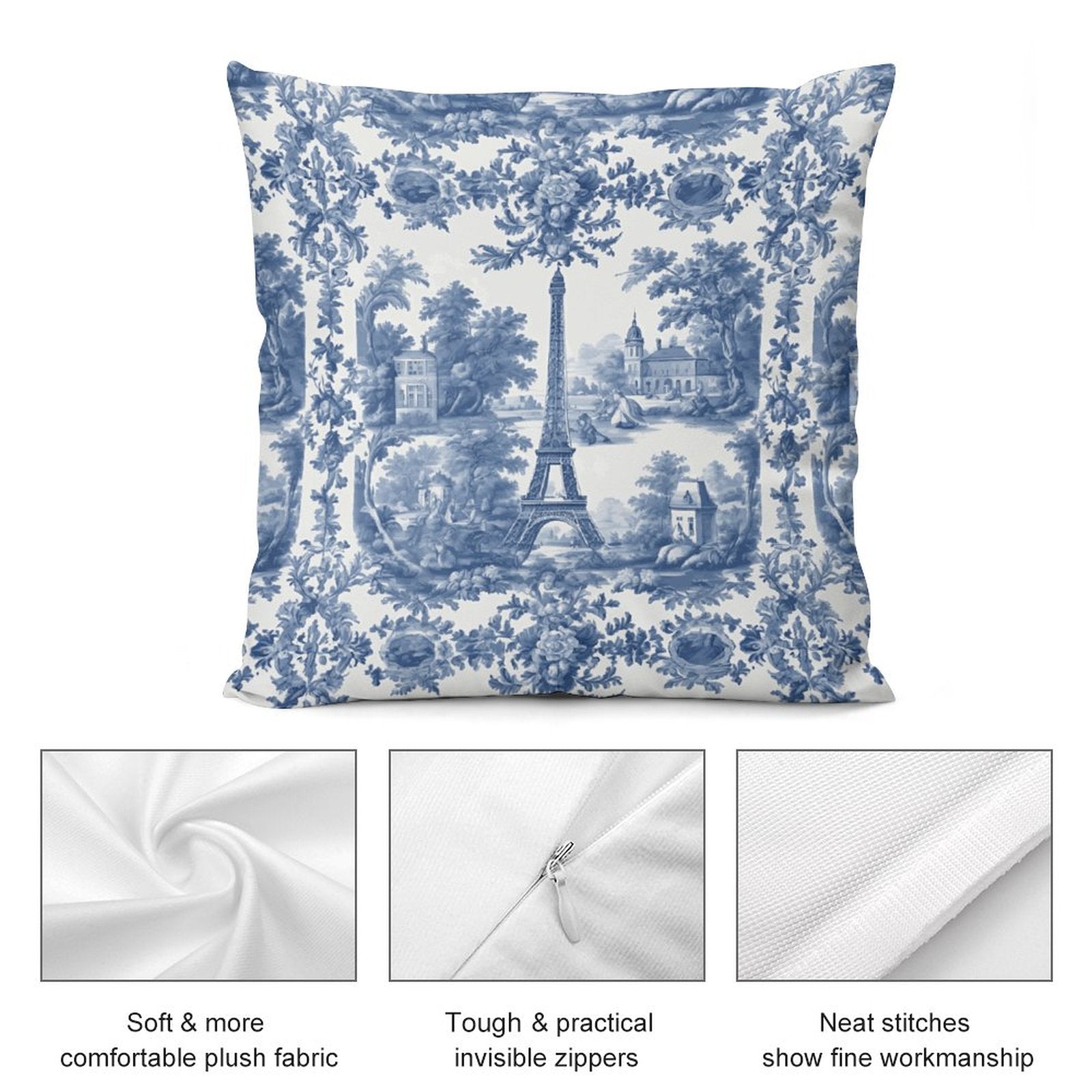 Decorative pillow with Eiffel Tower design on a white background