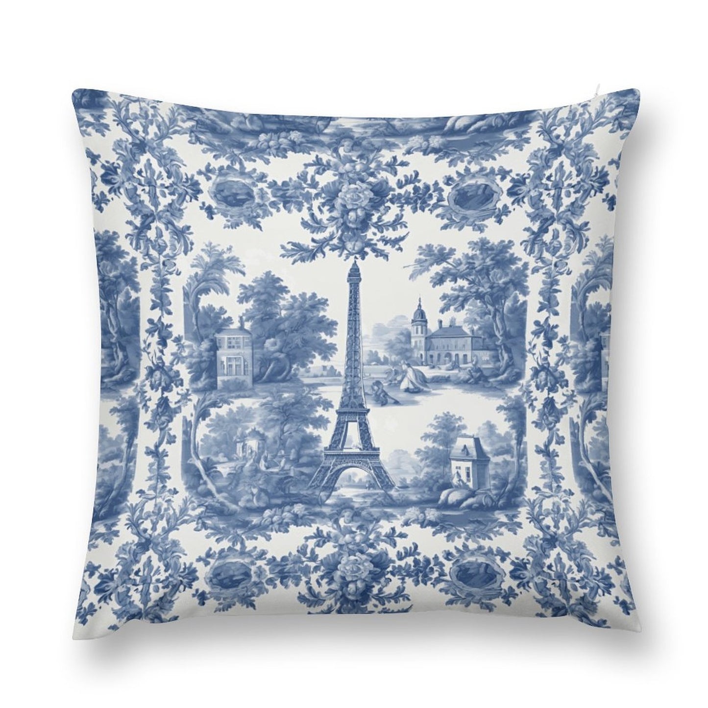 Decorative pillow with blue floral and Eiffel Tower pattern on a white background