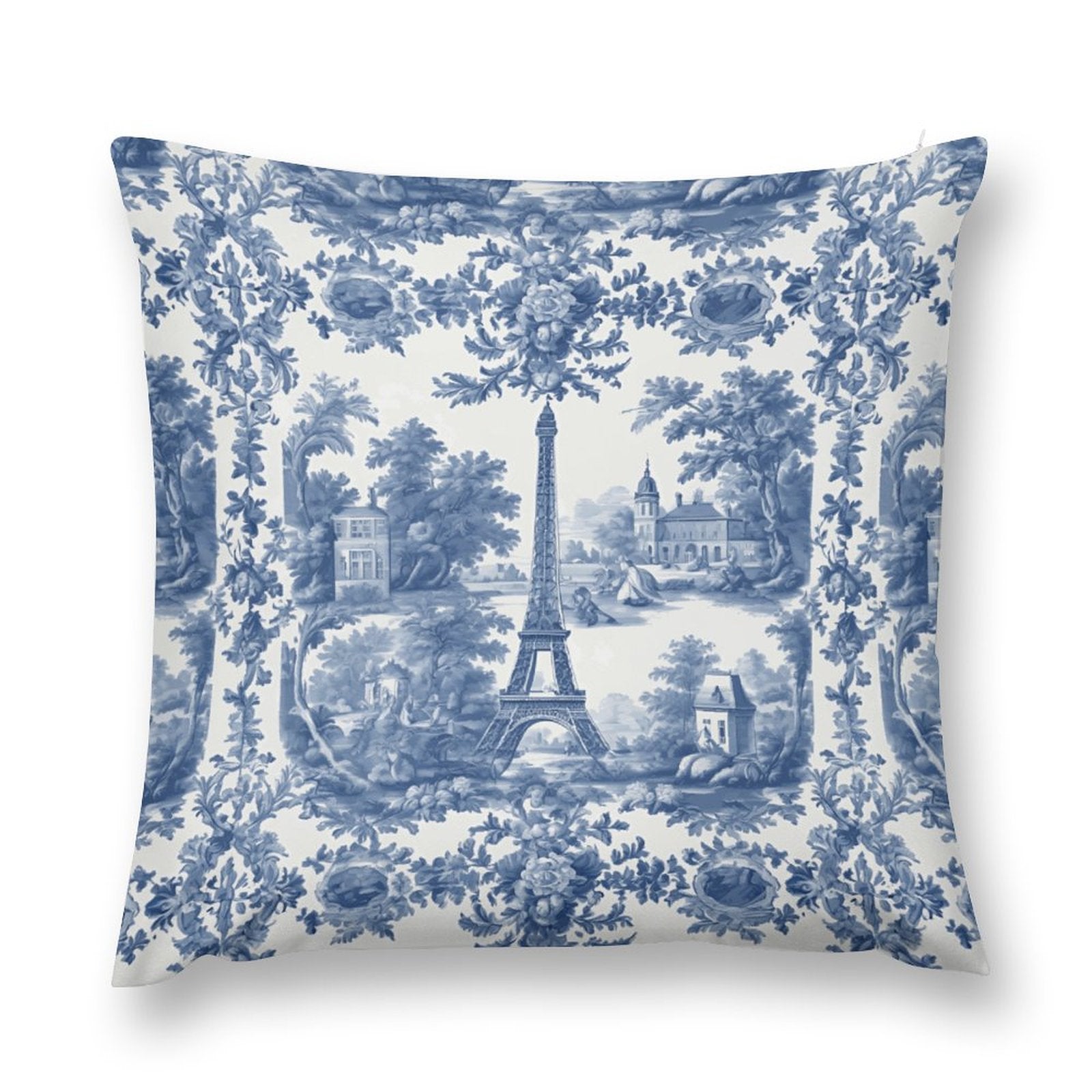 Decorative pillow with blue floral and Eiffel Tower pattern on a white background