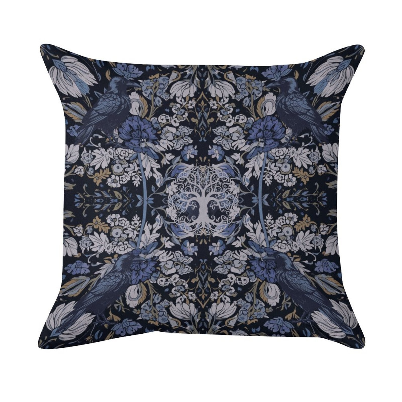 Decorative pillow with a blue and white floral and bird pattern on a dark background