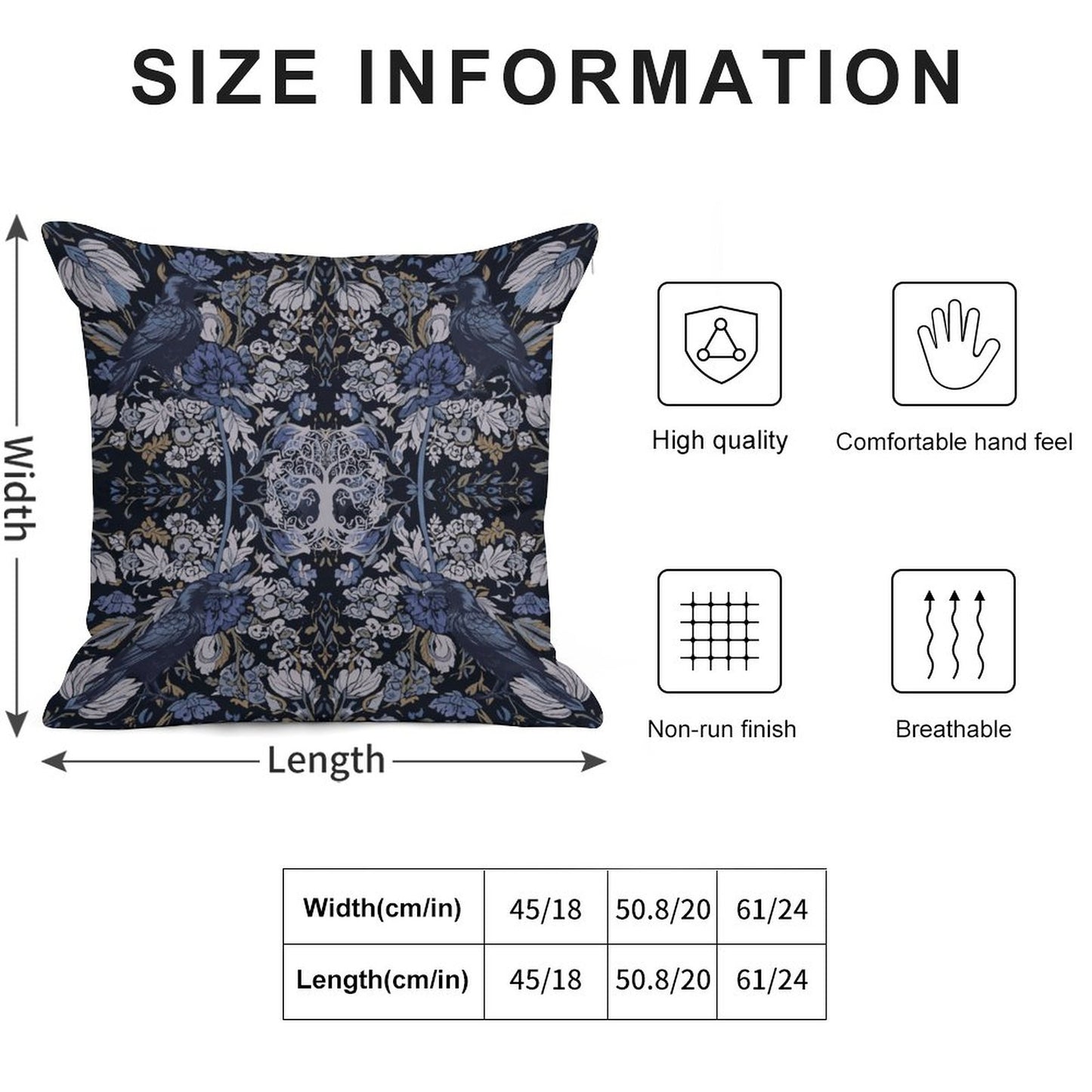Decorative pillow with skull and floral pattern, size chart, and quality icons on a white background
