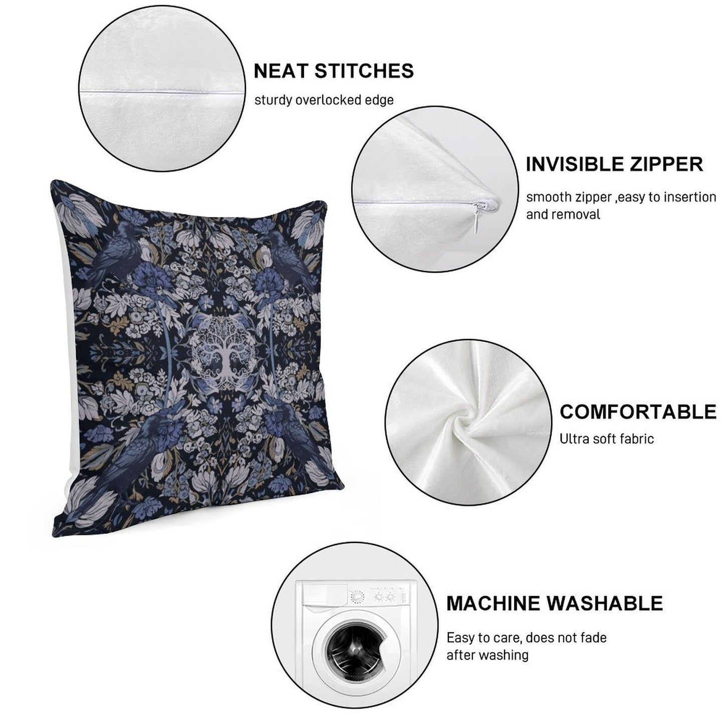 Decorative pillow with features highlighted on a white background