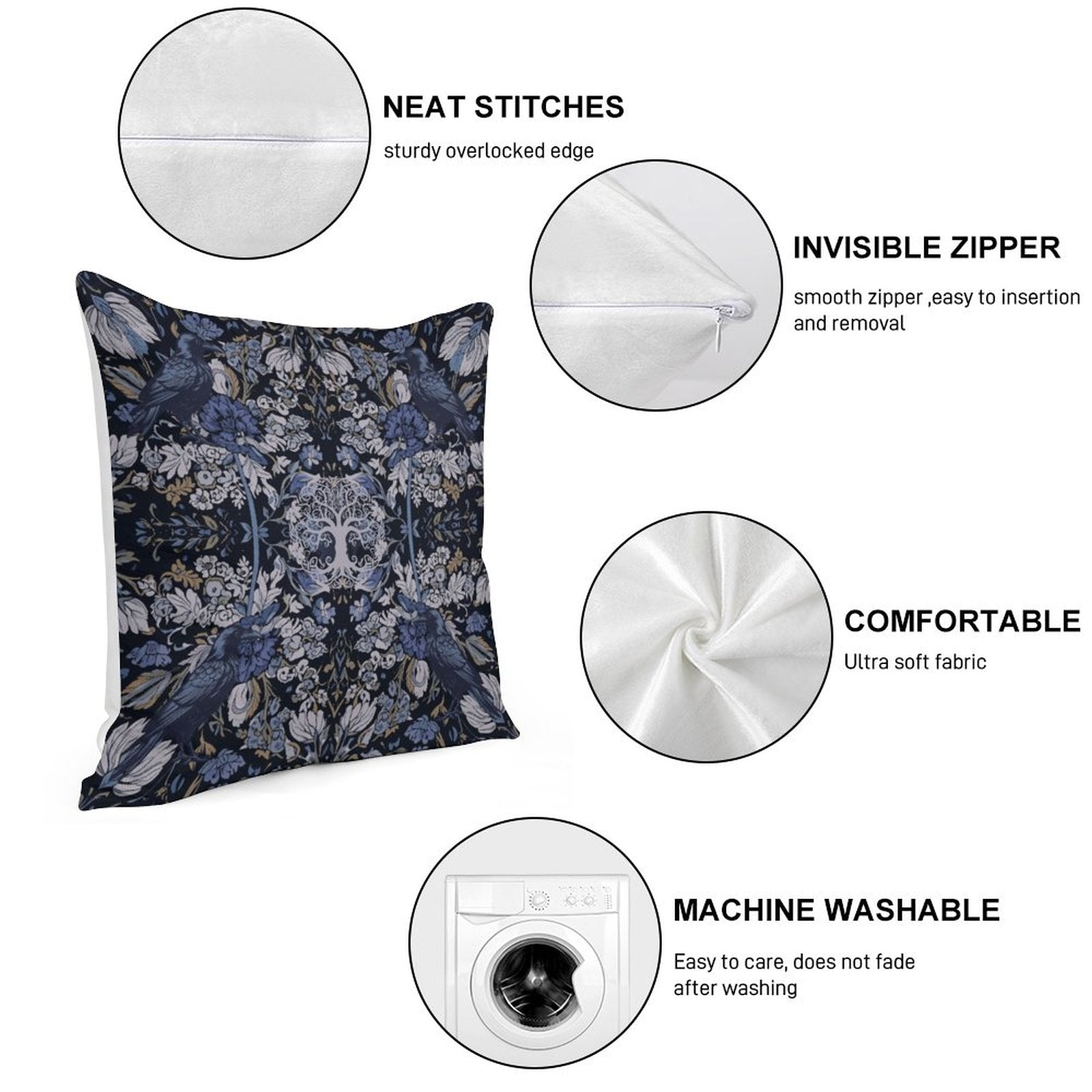 Decorative pillow with features highlighted on a white background