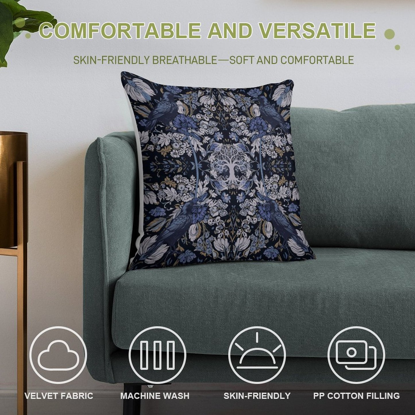 Decorative pillow on a green sofa with text highlighting features like comfort, versatility, and material details.