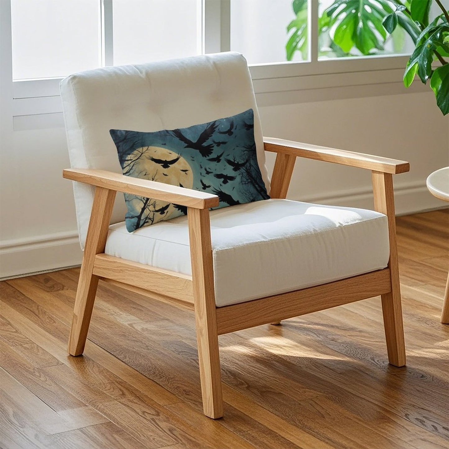 Wooden armchair with white cushion and decorative pillow in a bright room.