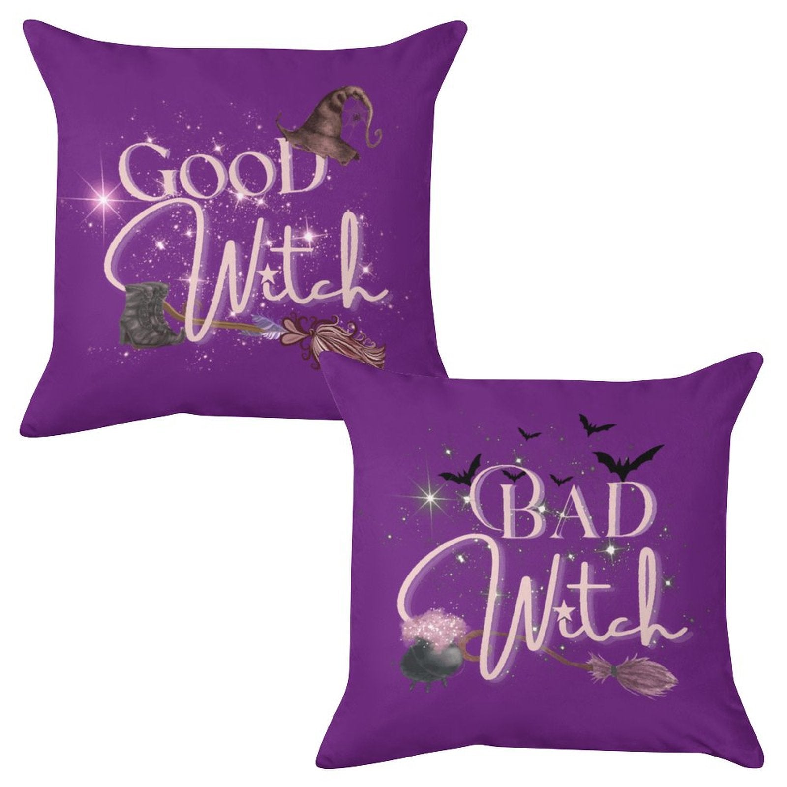 Two purple pillows with 'Good Witch' and 'Bad Witch' text on a white background
