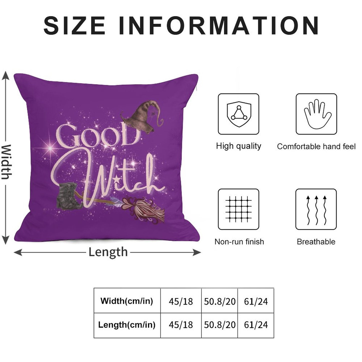 Purple pillow with 'Good Witch' text and broomstick design, size chart, and quality icons on a white background.